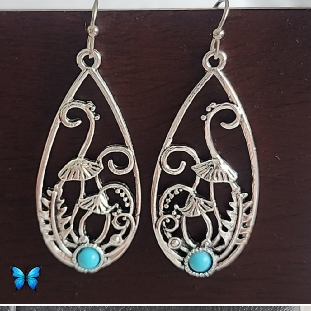 Fairy Garden Mushroom,Lattice Silver,Simulated Turquoise Earrings,